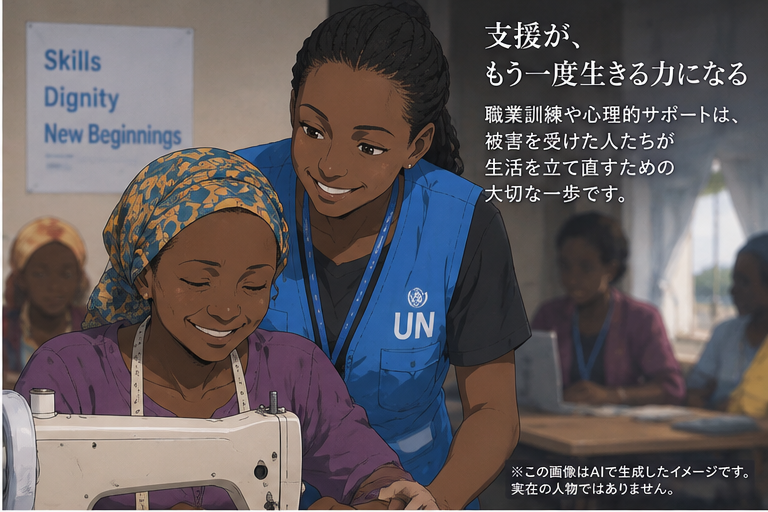 職業訓練を通じて生活を立て直す女性と支援スタッフを描いたイラスト