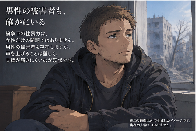 紛争で被害を受けた男性が窓辺で佇む様子を描いたイラスト