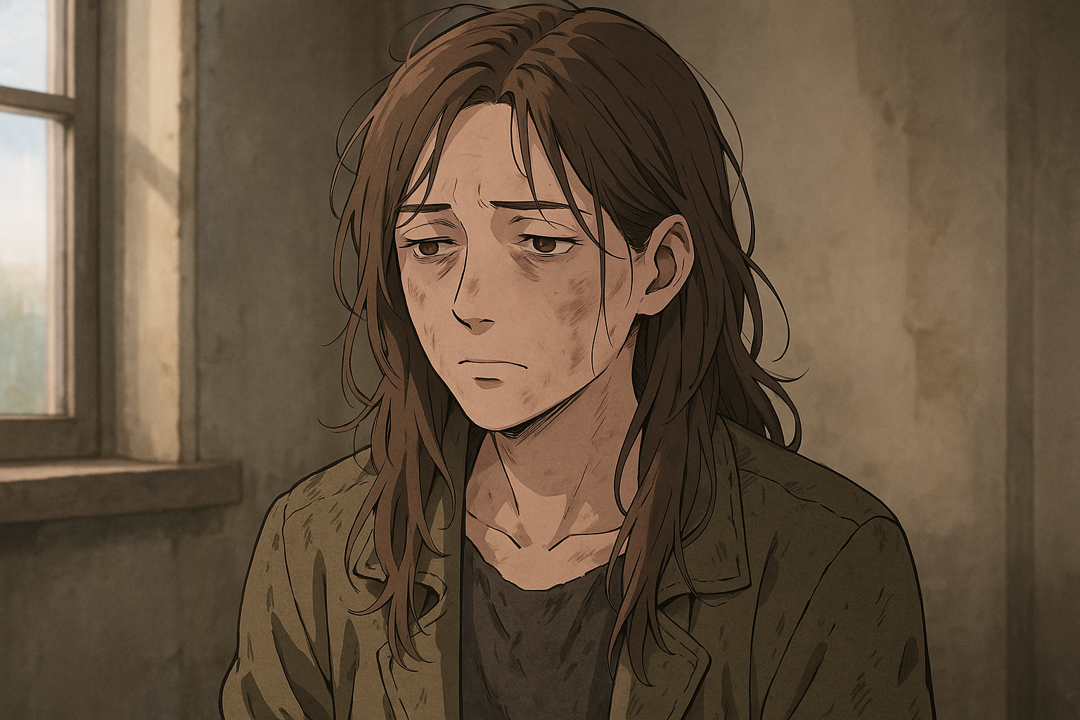 戦争を生き延びた女性の静かな姿を描いたイラスト