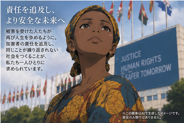 国際機関の建物を背景に未来を見上げる女性を描いたイラスト