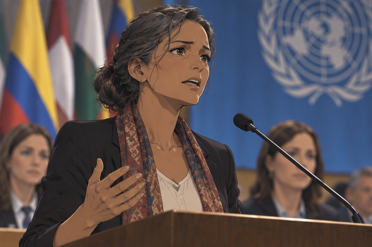国際会議の演壇で発言する女性を描いた挿絵